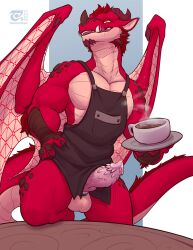 1boy anthro balls coffee_cup container cup dragon genitals hi_res male male_only penis red_body red_scales scales solo spiked_penis spikes spikes_(anatomy) spread_wings thesecretcave wings