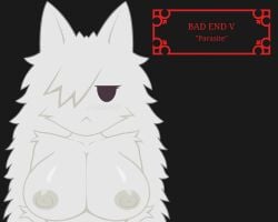 1girls animal_ears bad_end big_breasts black_eyes blush breasts cat_ears crab_face female fluffy fluffy_ears fluffy_hair front_view funamusea fur furrification furry hair hair_over_one_eye humanoid large_breasts looking_at_viewer mob_face moffuru_(species) mogeko mogeko_castle nipples nude simple_background solo text white_skin yonaka_kurai