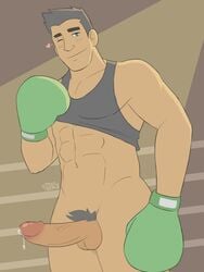 abs bara black_tank_top boxer boxing_gloves boxing_ring dripping_cum erect_penis erection gay idrewthis lifting_clothing little_mac male male_only muscle nintendo pecs penis pluvatti precum pubic_hair punch-out!! punch_out shirt_lift six_pack solo_male spotlight super_smash_bros. wink winking