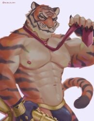 1boy abs anthro bara bublelery bulge feline fortnite looking_at_viewer male male_focus male_only muscular_male nipples oscar_(fortnite) smiling stripes tie tiger underwear