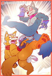 2boys 4_toes 5_fingers action_pose anthro anus ass balls canine claws duo feet fingers fox fox_mccloud fur gay humanoid_penis male male_only mammal nintendo nude pawpads penis pose precum sharp_teeth star_fox tderek99 teeth toes video_games wolf wolf_o'donnell yaoi