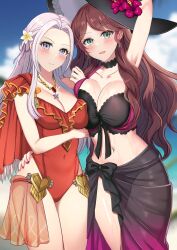 2girls :d accessory alternate_costume arm_around_waist arm_behind_head arm_under_breasts armpits asymmetrical_docking bare_arms bare_midriff bare_shoulders bare_thighs beach bikini black_bikini black_swimsuit blush breast_press breasts brown_hair choker cleavage collarbone covered_navel dorothea_arnault dorothea_arnault_(summer) earrings edelgard_von_hresvelg edelgard_von_hresvelg_(summer) female female_only fire_emblem fire_emblem:_three_houses fire_emblem_heroes flower green_eyes grey_hair hair_flower hat hat_flower large_breasts long_hair looking_at_viewer medium_breasts midriff multiple_girls nail_polish navel necklace nintendo ocean official_alternate_costume one-piece_swimsuit outdoors purple_eyes purple_nails red_one-piece_swimsuit red_swimsuit sand sarong see-through shoulders smile standing sun_hat sweat sweatdrop swimsuit tara_(szzj7733) thighs very_long_hair water wavy_hair