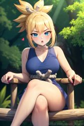 absurd_res absurdres ai_generated bangs bare_arms bare_legs bare_shoulders bench blonde_hair blue_dress blue_eyes blush breasts choker cleavage collarbone crossed_legs dr.stone dress female hair_between_eyes hair_ornament heart hi_res highres kohaku_(dr.stone) large_breasts looking_at_viewer nail_polish open_mouth outdoors pink_nails ree0 sitting sleeveless solo sweat thighs tree white_choker