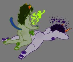 alien alien_genitalia ass back_facing_partner back_view blue_tail catgirl couple dominant_female femdom futa_on_male futanari green_nipples grey_background hearts_around_head homestuck horns kurloz_makara laying_on_stomach meulin_leijon on_knees paws prehensile_penis smoking submissive_male tail tentabulge tentacle_penis troll turned_around