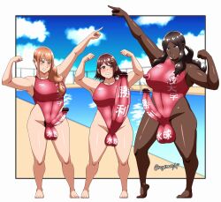 3futas balls bar_censor beach big_balls big_breasts big_penis black_hair breasts brown_hair censored clothed clothing dark-skinned_futanari dark_skin dickgirl erection erection_under_clothes flexing futa_only futanari gigantic_penis huge_balls huge_cock human leotard light-skinned_futanari light_skin long_hair one-piece_swimsuit partially_clothed penis pool poolside posing regiman standing swimming_pool swimsuit