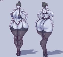 absurd_res ass big_breasts big_butt biped bra breasts clothing female garter_belt garter_straps hair hi_res humanoid machine mature_female not_furry robot robot_humanoid saidra shadow simple_background solo thick_thighs thong underwear wide_hips