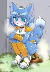 2d 2d_(artwork) 2d_artwork accessory anthro armor blue_body blue_eyes blue_fur blush bodily_fluids bracers canid canine clothing color colored concentration crossed_arms dipstick_tail feces female footwear fox fur furgonomics grass krystal mammal markings nintendo plant raised_tail scat shaking solo squatting_position star_fox tail tail_accessory tail_markings tribal tribal_markings unoroute unousaya