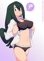 1girls 2019 ? amphibian artist_name bare_legs bare_midriff big_breasts black_bra black_panties bluebreed breasts calvin_klein cleavage clothing cute eyebrows female female_only frog_girl green_hair light-skinned_female light_skin long_hair looking_at_viewer my_hero_academia navel nipple_bulge open_shirt panties shirt simple_background solo sports_bra text_bubble tongue tongue_out tsuyu_asui white_shirt