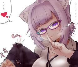 1boy :3 animal_ears bangs black_jacket breasts cat_ears cat_girl catgirl choker cleavage commentary_request cum cum_in_clothes cum_in_sleeve cum_on_hair cum_through_clothes ejaculation eyebrows_visible_through_hair female glasses handjob heart highres hololive hololive_gamers hololive_japan jacket kemonomimi matarou_(matarou072) nekomata_okayu off_shoulder penis purple_eyes purple_hair shirt short_hair simple_background... spoken_ellipsis spoken_heart stealth_sex tongue tongue_out translation_request virtual_youtuber white_shirt