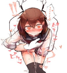 !! !? 1boy black_legwear blush brown_hair female fingering grabbing grabbing_from_behind hair_between_eyes hair_ornament hairclip heart ikazuchi_(kantai_collection) kantai_collection partially_colored pussy_juice sailor_collar thigh_gap thighhighs zhui