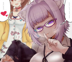 1boy 2girls :3 animal_collar animal_ears bangs black_jacket braid breasts brown_eyes brown_hair cat_ears cat_girl catgirl cheating choker cleavage collar commentary_request cum cum_in_clothes cum_in_sleeve cum_on_hair cum_through_clothes dog_girl dress ejaculation empty_eyes eyebrows_visible_through_hair glasses hair_between_eyes handjob hazel_eyes heart highres hololive hololive_gamers hololive_japan imminent_death inugami_korone jacket kemonomimi low_twin_braids matarou_(matarou072) multiple_girls nekomata_okayu netorare ntr off_shoulder penis purple_eyes purple_hair shirt short_hair simple_background... spoken_ellipsis spoken_heart stealth_sex tongue tongue_out twin_braids virtual_youtuber white_dress white_shirt yellow_jacket