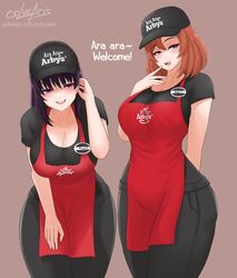 2020 2girls alt_arby's apron ara_ara arby's artist_name black_pants black_shirt blue_eyes brand_name_imitation breasts brown_hair cleavage clothed clothing cslucaris english_text fast_food female female_only half-closed_eyes hat highres large_breasts looking_at_viewer meme multiple_girls name_tag naughty_face original pants patreon patreon_username purple_eyes purple_hair red_apron seductive shirt signature standing text uniform url wide_hips