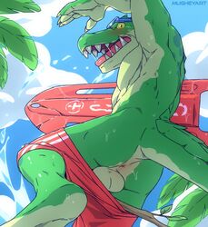 1boy absurd_res anthro anus assisted_exposure backsack balls blush branch claws clothing cloud crocodilian embarrassed exposed eyewear green_scales green_skin green_tail hi_res league_of_legends lifeguard low-angle_view male male_only mugheyart multicolored_skin muscular muscular_male open_mouth outside palm_tree pantsing perineum pool_party_renekton pool_party_series renekton reptile riot_games scales scalie solo sunglasses surfboard swimming_trunks swimsuit swimwear teeth tongue tree video_games wardrobe_malfunction wet yellow_eyes yellow_scales yellow_sclera yellow_tail