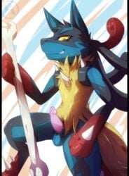 1boy 2018 3_fingers anthro black_fur blue_fur bone canine erection front_view fur furry grin looking_at_viewer lucario luxuria male male_only mammal mega_evolution mega_lucario multicolored_fur nintendo nude paws penis pokemon pokemon_(species) pokemon_dppt pokemon_xy red_fur smile solo spikes standing teeth testicles video_games yellow_eyes yellow_fur