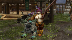 armor blizzard_entertainment breasts female hunter hunter_(warcraft) lipstick lizard nail_polish pandaren pet pink_hair solo stockings warcraft world_of_warcraft