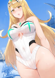 1girls absurdres bangs bare_shoulders big_breasts blonde_hair blush breasts casual_one-piece_swimsuit cleavage collarbone covered_navel day eyebrows_visible_through_hair female female_only flying_sweatdrops gem groin headpiece hews_hack highleg highleg_swimsuit highres huge_filesize large_breasts long_hair looking_down mythra_(radiant_beach)_(xenoblade) mythra_(xenoblade) nintendo one-piece_swimsuit open_mouth paid_reward patreon_reward shiny shiny_hair side_cutout sky solo sweat swept_bangs swimsuit thick_thighs thigh_gap thighs underboob underboob_cutout very_long_hair white_swimsuit wide_hips xenoblade_(series) xenoblade_chronicles_2 yellow_eyes