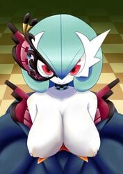 1girls areolae big_breasts blue_hair blush breasts breasts_out dress gardevoir looking_at_viewer mask mega_evolution mega_gardevoir neichii nintendo nipples pokemon pokemon_(species) pokemon_rse pokemon_xy red_eyes smile third-party_edit white_skin