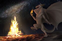 2018 anthro claws cute dancing digital_media_(artwork) dragon female feral fire galaxy happy horn kodardragon night open_mouth outside purple_eyes pussy sand scalie scenic sky smile solo standing star starry_sky teeth tongue tree western_dragon white_body white_skin wings