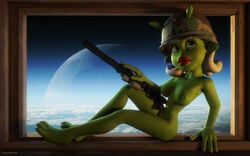 1girls 3d alien alien_girl alternate_version_available artist_name bare_shoulders barefoot beauty_mark big_breasts blaster busty crossover curvy day dc-15a_blaster_rifle death_star detailed_background erect_nipple erect_nipples eyelashes female female_only front_view green_eyes green_skin gun holding_object hourglass_figure humanoid indoors inside kondaspeter lipstick looking_up makeup marilyn_(planet_51) mole naked nude planet_51 pose posing red_lipstick room scarif shadow shiny shiny_skin sitting solo star_wars thick_lips voluptuous weapon white_hair wide_hips