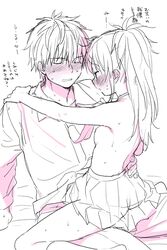 1boy ass blush brother_and_sister chigusa_asuha chigusa_kasumi closed_eyes clothed_sex clothing female hand_on_another's_shoulder incest long_hair monochrome naked_shirt necktie nipples open_eyes pants qualidea_code sekiya_asami shirt short_hair siblings sketch skirt sweat thighs topless translation_request