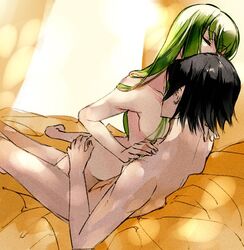 1boy breasts c.c. closed_eyes code_geass collarbone cowgirl_position eyebrows_visible_through_hair female green_hair hand_on_another's_ass hands_on_another's_shoulders lelouch_lamperouge long_hair male medium_breasts meimi_k nude sex thighs