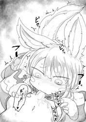 1boy 1other ambiguous_gender black_and_white blush fellatio fluffy lagomorph made_in_abyss male mammal minarai monochrome nanachi nnaa oral saliva sex sweat twitching