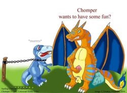 2004 balls chained charizard chomper_(the_land_before_time) collar condom crossover cub don_bluth draakje english_text feral male_only nintendo pokemon pokemon_(species) size_difference smile text the_land_before_time tongue_out white_background yaoi