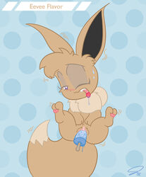 ass blush bottomless brown_fur color eevee female female_only food front_view fur furry furry_ass furry_ears furry_tail mane nintendo open_mouth paw pointy_ears pokémon_(species) pokemon popsicle popsicle_in_pussy popsicle_insertion psyredtails purple_eyes pussy solo sweat tail tongue topless vaginal_insertion wink