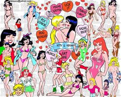 3girls archie_comics betty_and_veronica betty_cooper biesiuss bikini candy_hearts cheryl_blossom christmas female fishnet_stockings fishnets high_heels hoop_earrings jean_shorts lipstick_mark multiple_girls santa_hat skirt swimsuit thighhighs upskirt veronica_lodge yuri