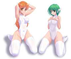 2girls android armpits blush boots breast_suppress breasts brown_eyes brown_hair cameltoe clothing erect_nipples erect_nipples_under_clothes green_eyes green_hair highleg highleg_leotard hips kihaiu large_breasts leotard long_hair medium_breasts multi_(to_heart) multiple_girls robot_ears serio_(to_heart) short_hair small_breasts stockings thigh_boots thighhighs to_heart to_heart_(series) wide_hips