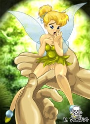 blonde_hair blue_eyes blurry_background blush breasts disney disney_fairies faceless_male fairy fairy_wings female female_focus human k.veira looking_pleasured male male/female micro no_panties open_mouth peter_pan_(disney) pussy pussy_juice questionable_consent smaller_female tinker_bell wide_hips