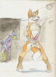 anthro color falco_lombardi fox fox_mccloud fur furry furry_only indoors interspecies male male_only multiple_males no_humans nude pheasant star_fox yaoi