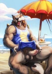 alpha0 anthro balls beach beckoning bottomless canine fur furry male_only muscles penis precum presenting presenting_penis pubes seaside tongue tongue_out uncut vein wolf