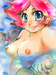 blue_eyes earthbound erect_nipples hot_spring kumatora lucas mother_(series) mother_3 nosebleed pink_hair topless water