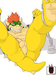 anus ass balls barefoot bound bowser chains chubby claws clenched_teeth collar erection furry hair horn humanoid_penis koopa legs_up linkin_monroe looking_at_viewer lying male male_only mario_(series) nintendo nude on_back one_closed_eyes orange_hair penis red_eyes reptile scalie solo spiked_collar spikes spread_legs spreading turtle video_games