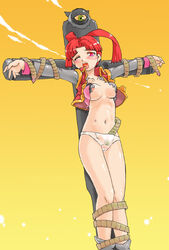 bondage crucifixion crying gaogaigar medium_breasts mikoto_utsugi molestation one_eye_closed open_mouth panties peril red_hair see-through_clothing tears torn_clothes torture white_panties