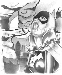 barbara_gordon batgirl batman_(series) clayface cum_on_face dc_comics dripping drooling fellatio looking_up mask monochrome oral penis rebecca_(artist)