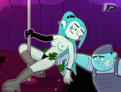 1boy 1girls blue_skin box_ghost breasts danny_phantom darkdp ember_mclain knee_boots money nipples panties straight_hair stripper_pole tagme topless