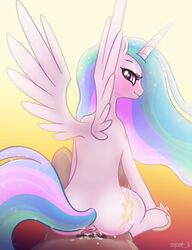 2018 alicorn anus ass back big_ass blush cum cum_in_pussy cum_inside cutie_mark equine eyelashes faceless_male female friendship_is_magic gradient_background half-closed_eyes horn long_hair looking_at_viewer looking_back male male/female mammal multicolored_hair my_little_pony naked penetration pov princess_celestia_(mlp) pussy sex sitting_on_lap smile sparkles straight syoee_b tail vaginal_penetration white_body wings