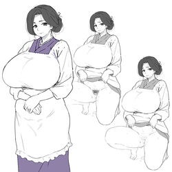 black_hair breasts female huge_breasts kappougi long_skirt meme50 memememe milf monochrome multiple_persona plump pubic_hair pussy ring simple_background sketch skirt skirt_lift squatting standing sweat uncensored wedding_ring white_background