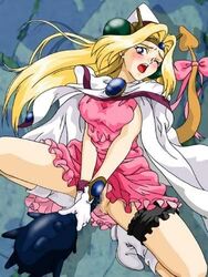 1girls blonde_hair blush boots cape censored dress_lift dutch_angle facing_viewer female female_masturbation filia_ul_copt garter gloves improvised_sex_toy looking_at_viewer lowres masturbation mosaic_censoring no_panties one_eye_closed parted_bangs pink_dress pussy pussy_juice slayers solo spiked_club spread_legs squatting tail tail_bow vaginal_insertion vaginal_masturbation white_boots white_cape white_gloves