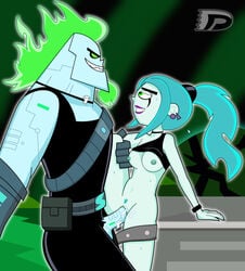 1boy 1girls danny_phantom darkdp ember_mclain ghost glowing green_eyes green_hair nickelodeon no_pupils pubic_hair purple_lipstick skulker straight_hair