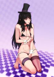 1girls bikini bikini_pull black_bikini black_hair blush breasts checkered choker demon_girl feguimel female hat hime_cut kneeling long_hair lowleg lowleg_bikini nail_polish navel nipples original pentagram purple_nails purple_toenails red_eyes ribbon satanist single_thighhigh solo swimsuit thigh_strap thighhighs toenail_polish top_hat vertical-striped_legwear vertical_stripes wrist_cuffs