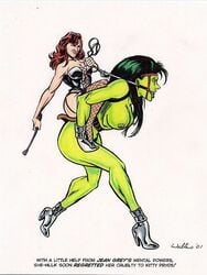 2001 2girls adam_walters bdsm big_breasts bite_gag breasts color corset dominatrix drawn female female_only femdom fishnets gag green-skinned_female green_skin harness high_heels hulk_(series) kitty_pryde large_breasts lezdom light-skinned_female light_skin marvel marvel_comics multiple_girls naked_female nipples ponyplay riding riding_crop shadowcat she-hulk straight_hair tebra x-men yuri