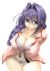 akiko_minase babydoll blue_eyes blue_hair blush bra braid breasts cleavage curvy female female_only hair hair_intakes huge_breasts human kanon lace leaning_forward lingerie milf minase_akiko mitarashi_kousei navel open_clothes open_shirt panties payot purple_hair shirt solo thigh_gap thighs thong underwear white_background