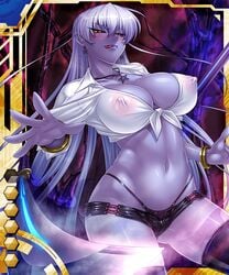 1girls areolae blush breasts erect_nipples female igawa_asagi kagami_hirotaka large_breasts long_hair looking_at_viewer micro_shorts navel nipples official_art purple_skin see-through silver_hair solo tagme taimanin_(series) taimanin_asagi_battle_arena taimanin_asagi_battle_arena_all_card_gallery tied_shirt tongue tongue_out very_long_hair yellow_eyes