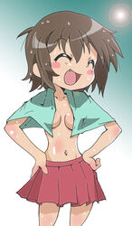 2010 asian bangs breasts brown_hair closed_eyes cute_fang happy lucky_star misao_kusakabe navel open_mouth outdoors outside short_hair skirt smile sun sweat tagme tongue