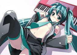 1girls aqua_eyes aqua_hair blush breasts detached_sleeves female green_hair hatsune_miku long_hair midriff navel necktie open_clothes open_shirt panties pantyshot shirt shirt_lift skirt solo striped striped_panties thighhighs tie tied_hair twintails underboob underwear uniform vocaloid vocaloid2 yoshihara_maito zettai_ryouiki