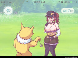 1girls alternate_breast_size ambiguous_gender areolae belt big_ass big_breasts black_border blush breasts_out brown_hair choker clothed_female_nude_male drooling eye_contact female_protagonist_(pokemon_go) fingering fingerless_gloves furry gloves grass green_eyes hat holding hud human hypno hypnosis inksgirls knees_together large_breasts looking_down mind_control motion_lines nintendo nipples outdoors pendulum pokemon pokemon_(species) pokemon_go ponytail saliva shirt shorts smile standing sweat sweater text thick_thighs tree url watermark white_fur wide_hips yellow_fur