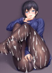 ass bangs between_legs black_hair black_legwear blue_eyes blue_sweater breasts cum cum_on_ass cum_on_body cum_on_clothes cum_on_lower_body eyebrows_visible_through_hair feet female hachigatsu_no_cinderella_nine hair_between_eyes hand_between_legs hand_up lambda_(kusowarota) legs_up long_sleeves looking_at_viewer lying on_back open_mouth panties panties_under_pantyhose pantyhose see-through shadow short_hair simple_background sleeves_past_wrists soles solo sweater tsukumo_kana underwear upper_teeth